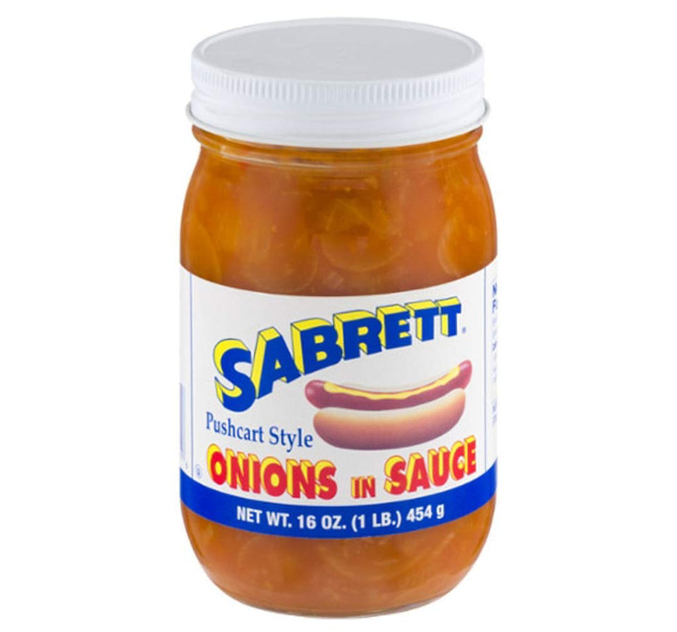 Sabrett onions in sauce 16 oz jar front view, adds quick bold flavor to hot dogs