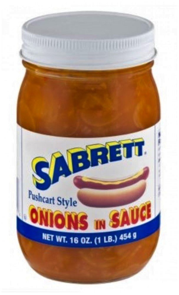 Sabrett pushcart style onions in sauce jar adds classic flavor to burgers and hot dogs.