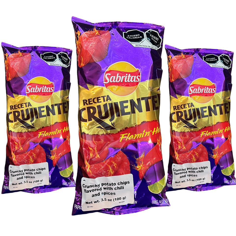 Generic Sabritas Flamin' Hot chips in bag, bold flavor for party snacking.
