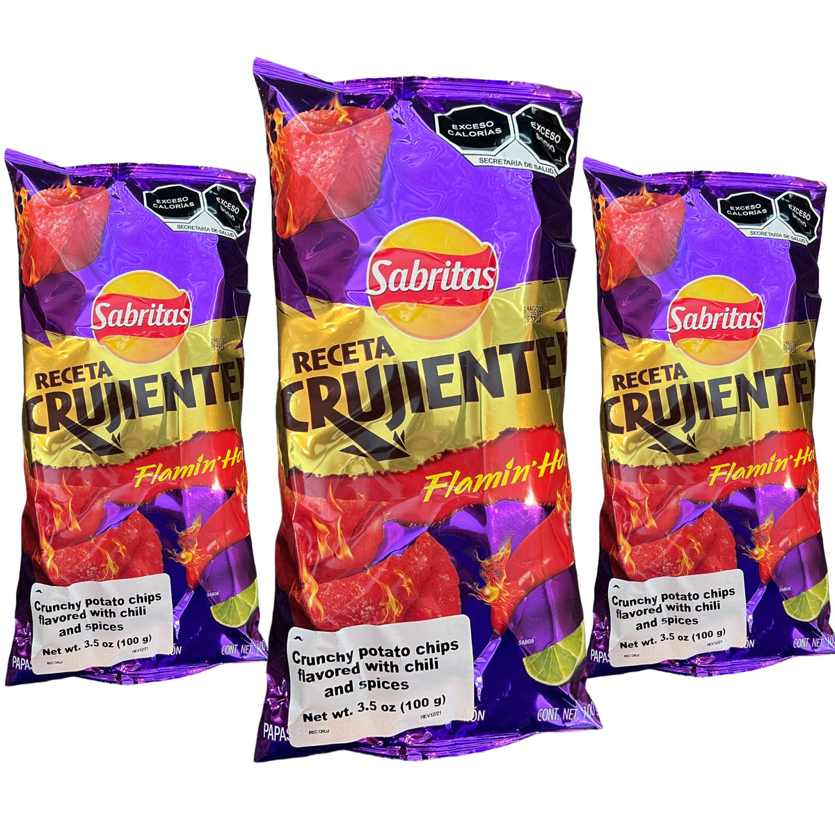 Generic Sabritas Flamin' Hot chips in bag with heat, perfect lunchbox treat.