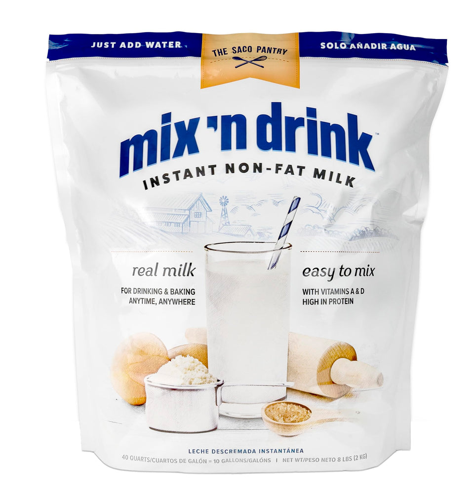SACO Mix'n Drink instant skim milk can for quick, fat-free milk.