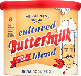 Saco powdered buttermilk canister on a kitchen shelf, a convenient pantry staple.