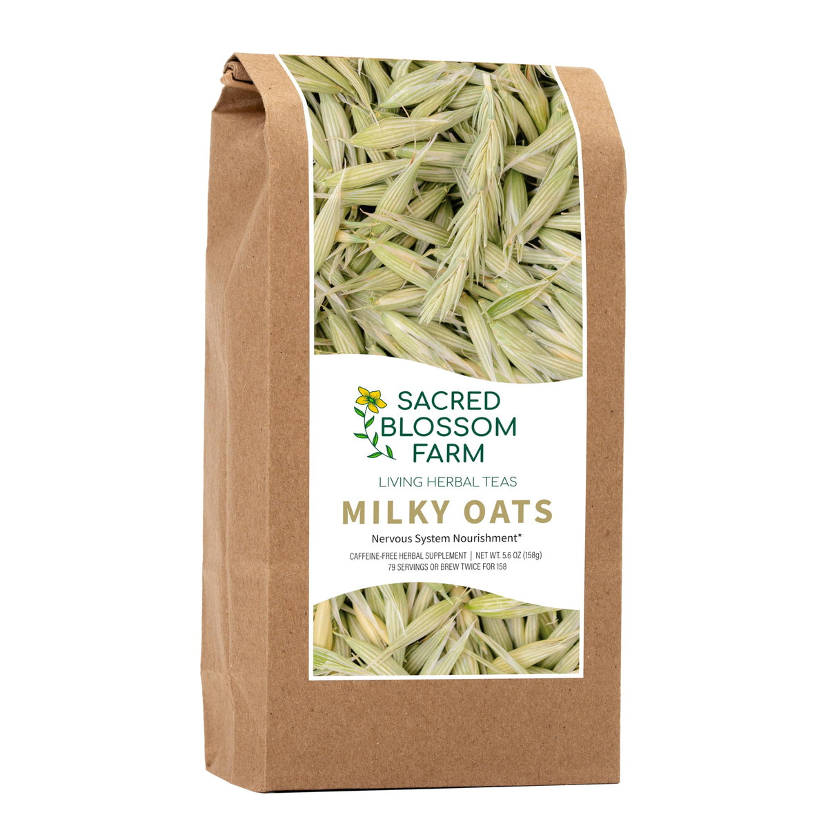 Sacred Blossom Farm Milky Oats bag showing loose-leaf quality for a soothing tea experience