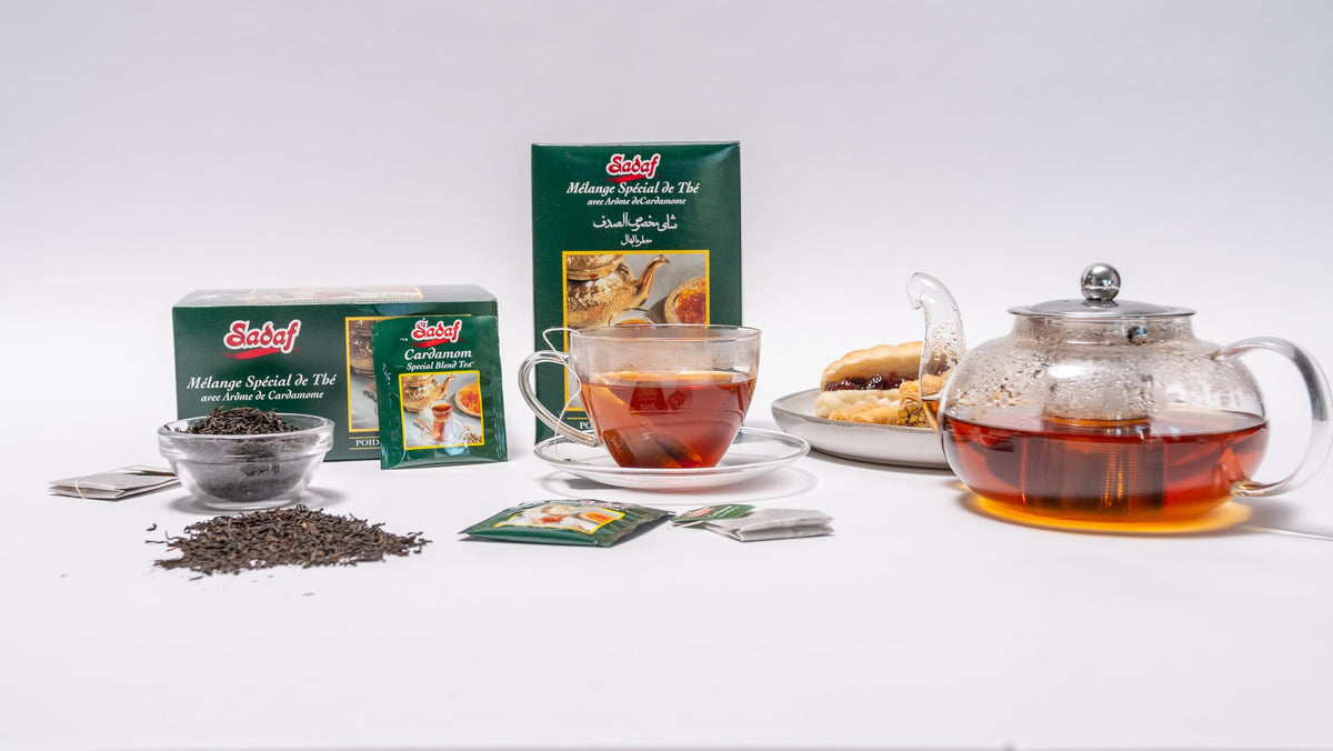 Sadaf Cardamom Tea Bags cup brew highlighting rich flavor and easy steeping.