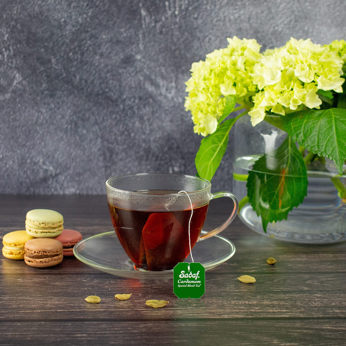 Sadaf Cardamom tea paired with pastry enhances afternoon treat