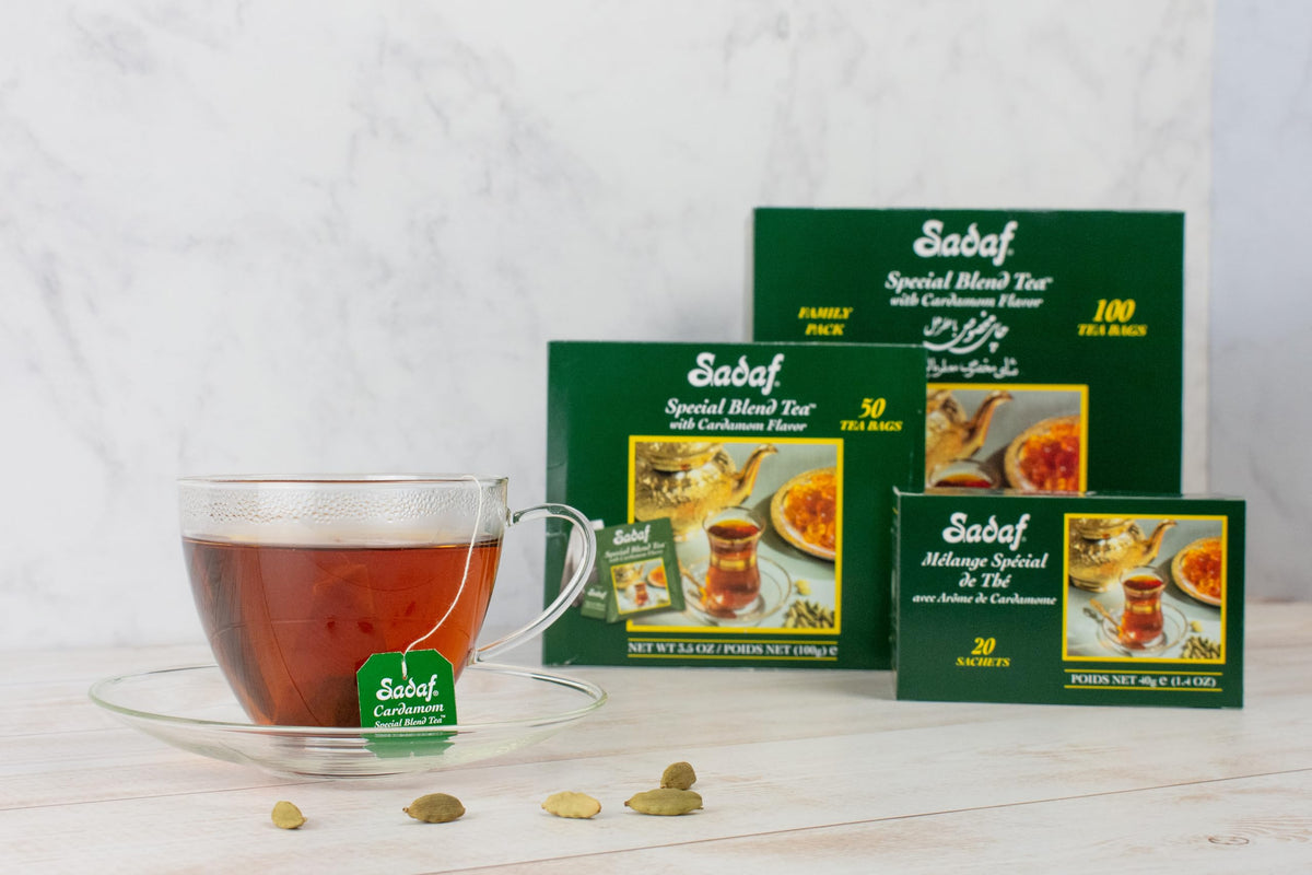 Sadaf Cardamom tea brewing in a cup capturing rich aroma