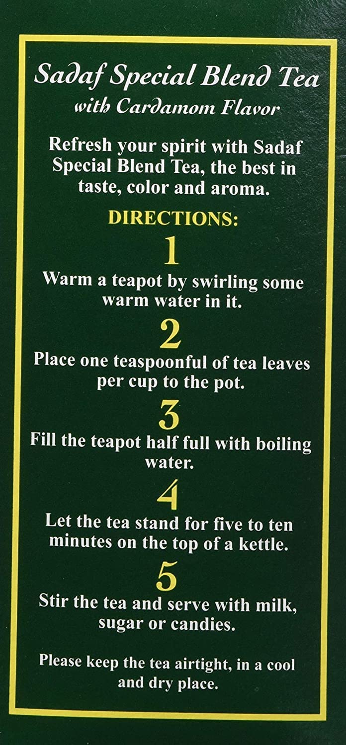 Sadaf Cardamom Tea steep ceremony, crisp aroma as the water blooms.
