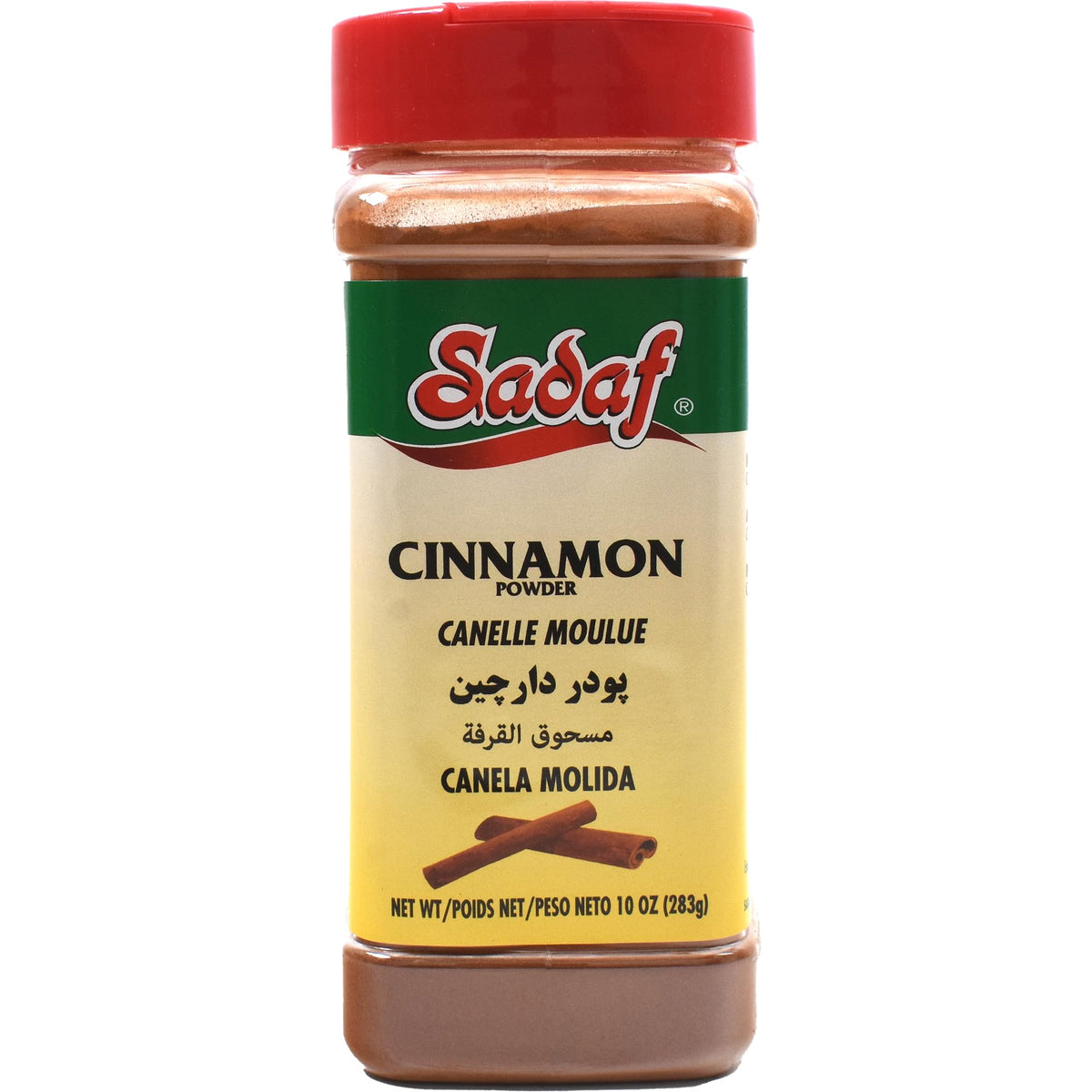 Sadaf Cinnamon Ground bottle enhances cooking and baking with warm aroma.