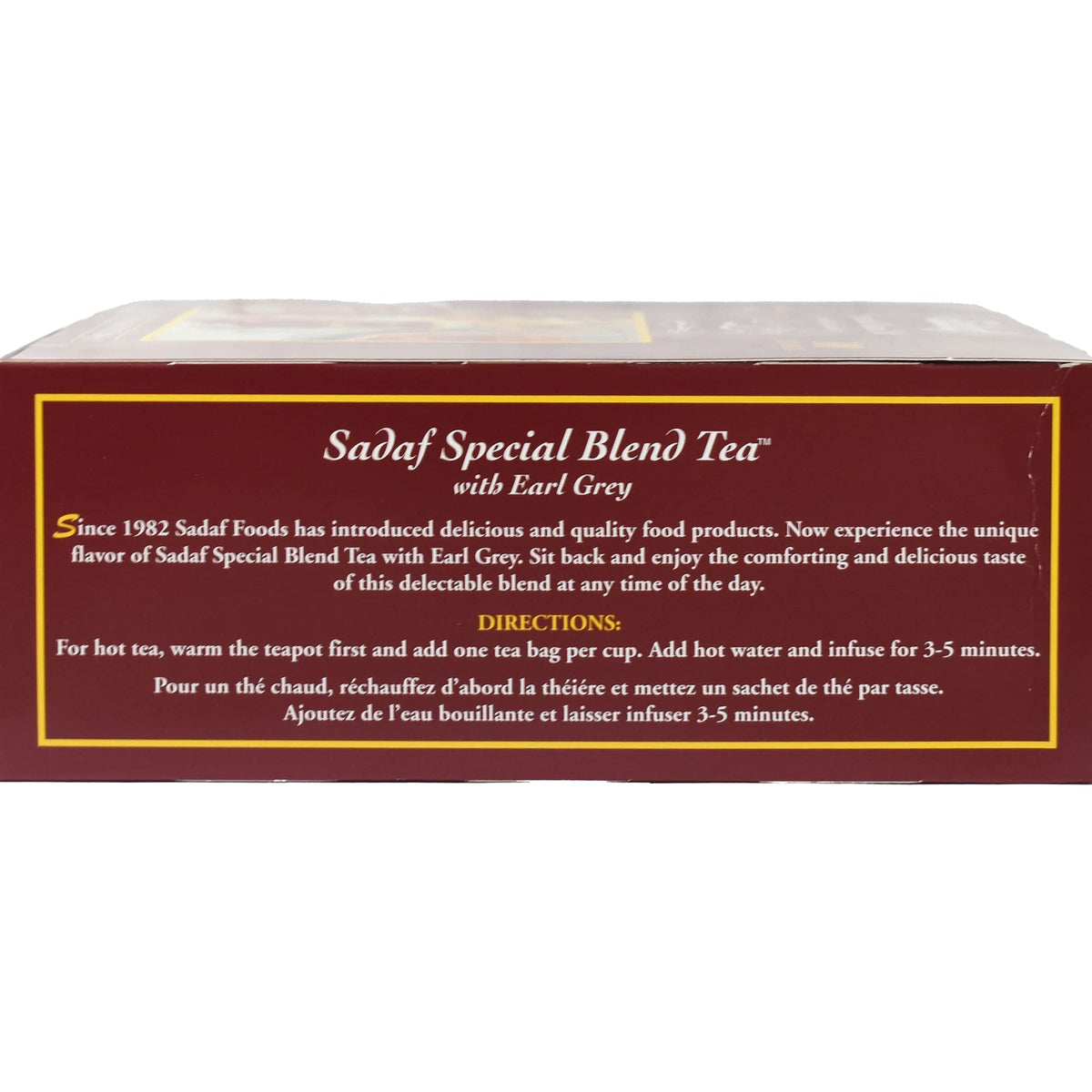 Sadaf Earl Grey tea bags foil-wrapped packaging preserves freshness.