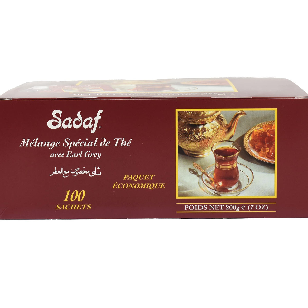 Sadaf Earl Grey tea bags steeping cup, rich and balanced flavor.