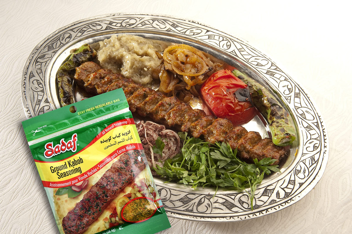 Sadaf Meat Kabob Seasoning label detail highlights onions, sumac, parsley for Mediterranean flair