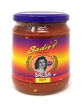 Sadie's 16oz hot salsa label close-up shows vibrant peppers.