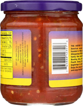 Sadie's Not As Hot Salsa jar pouring into bowl, ideal for quick recipe boosts.