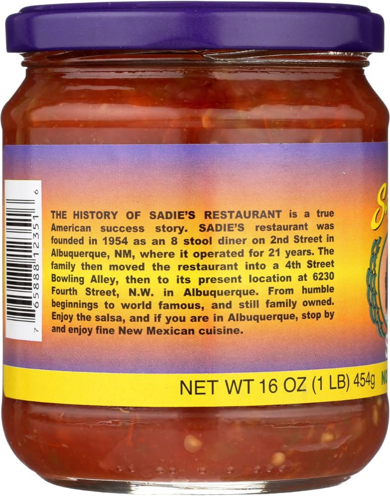 Sadie's Not As Hot Salsa label close-up, highlighting ingredients and flavor profile.