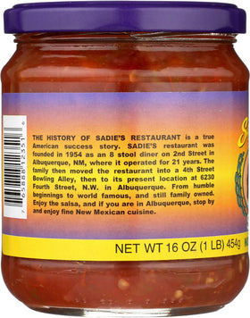 Sadie's Not As Hot Salsa label close-up, highlighting ingredients and flavor profile.