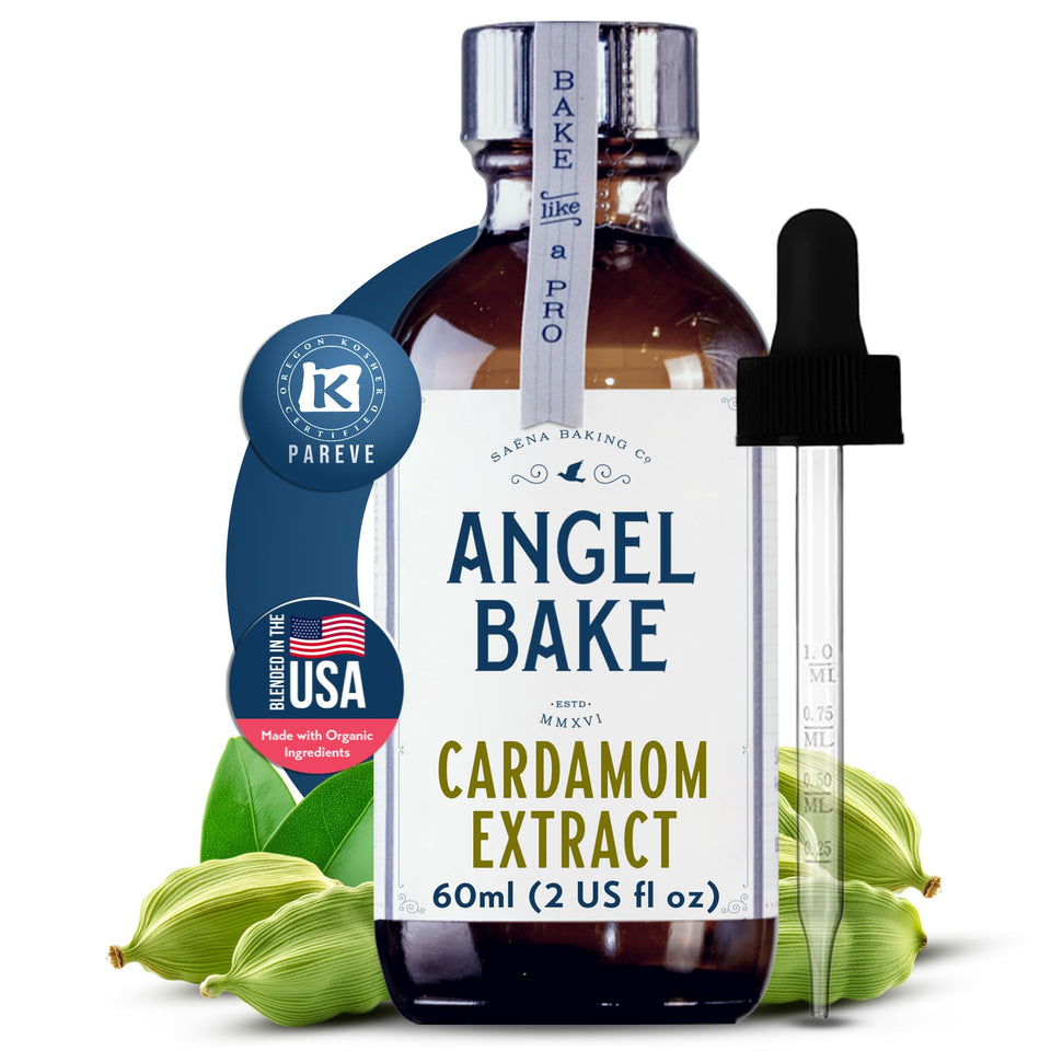 SAENA BAKING CO cardamom extract bottle highlights premium flavor for baking.