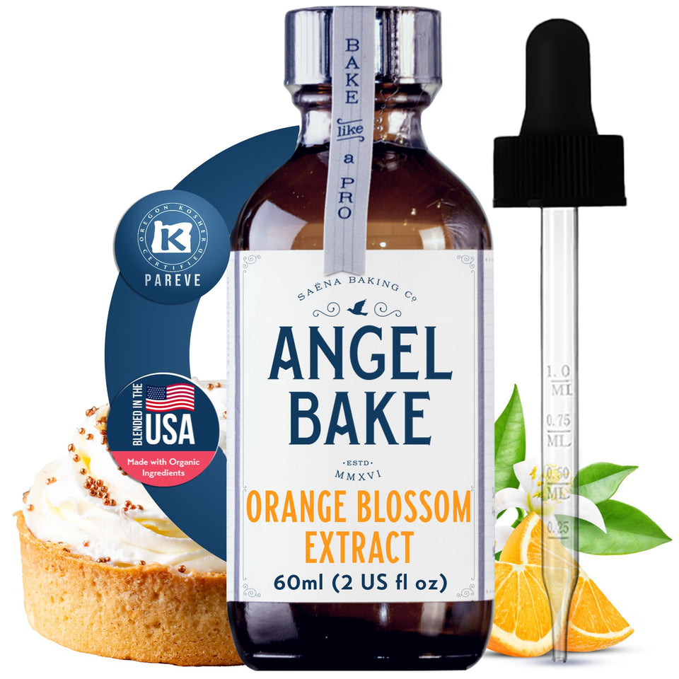 SAENA BAKING CO Orange Blossom Extract bottle offers pure floral citrus flavor for baking.