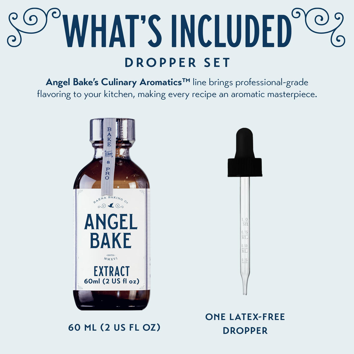SAENA BAKING CO Orange Blossom Extract dropper enables precise flavoring in recipes.