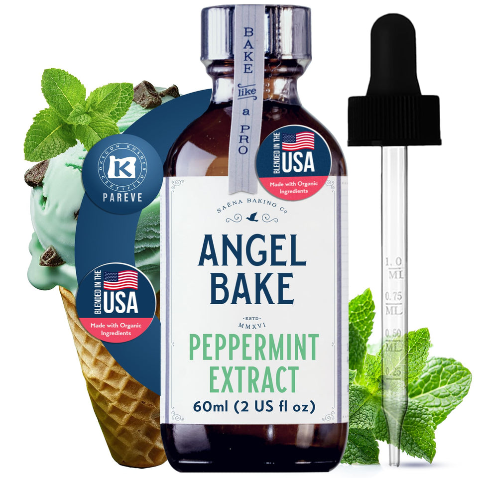 SAENA BAKING CO peppermint extract bottle front showing pure flavor boost.