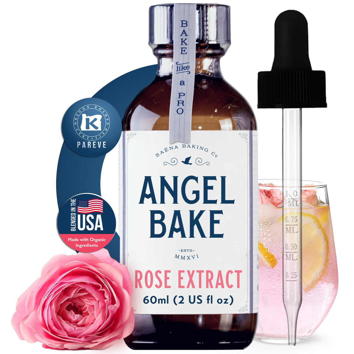 SAENA BAKING CO pure rose extract bottle highlights rich floral flavor for desserts