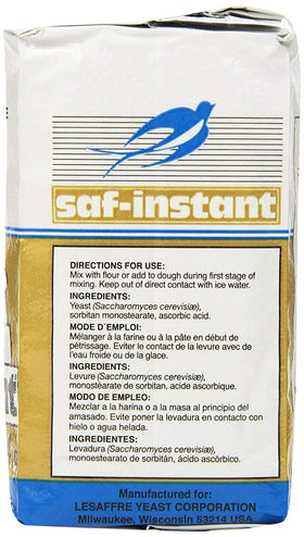 SAF Instant Gold label details show 1 lb packaging and kosher parve status.