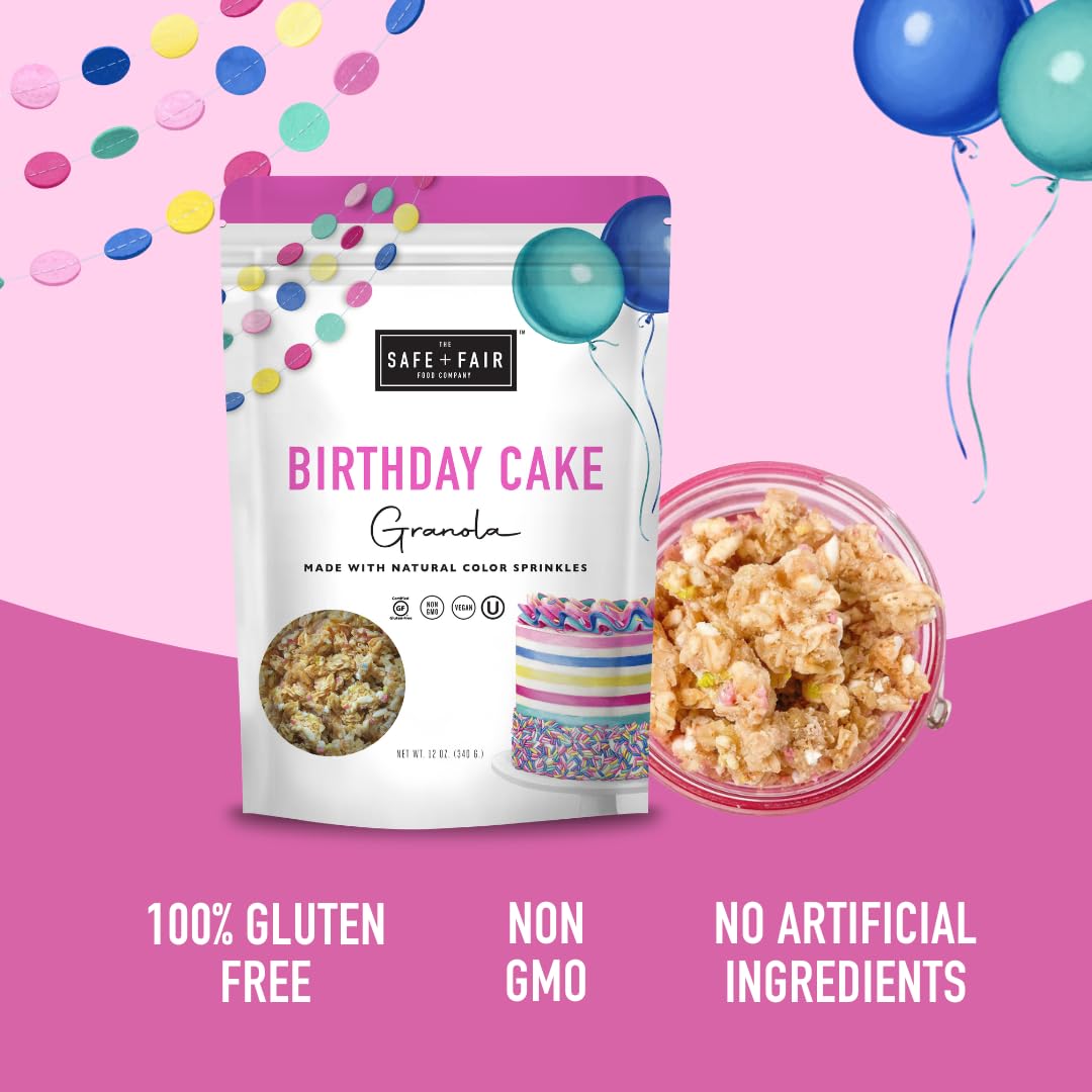 Safe + Fair Birthday Cake Granola bowl shot for a hearty breakfast.