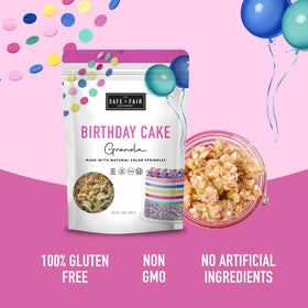 Safe + Fair Birthday Cake Granola bowl shot for a hearty breakfast.