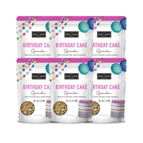 Safe + Fair Birthday Cake Granola 6-pack pack shot, gluten-free snack option.