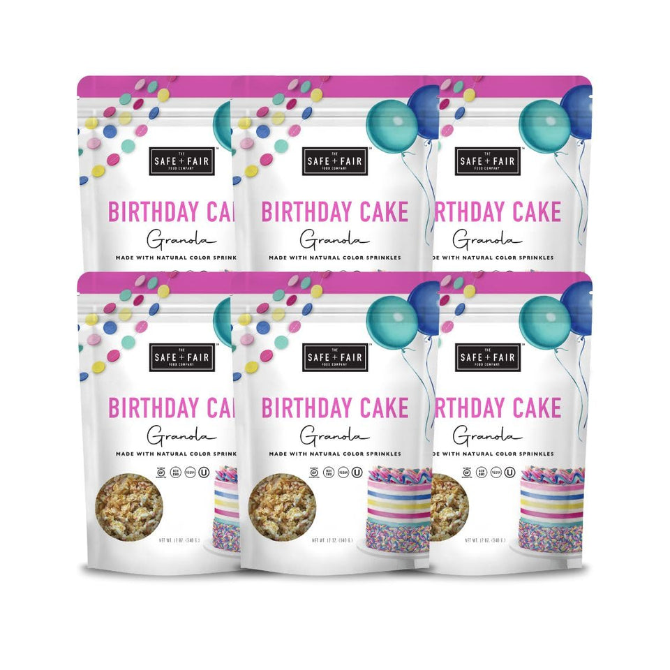 Safe + Fair Birthday Cake Granola 6-pack pack shot, gluten-free snack option.