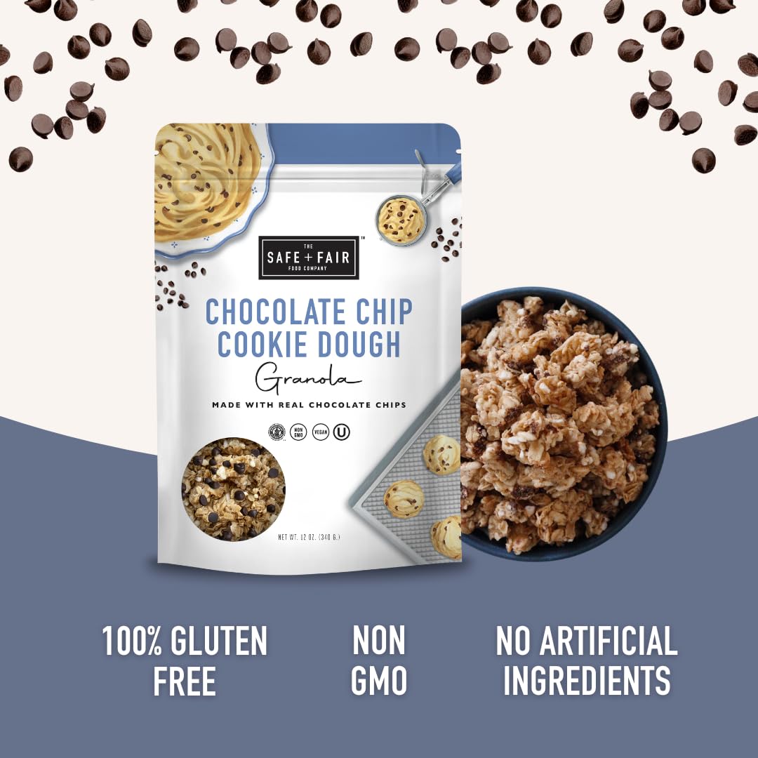 Close-up of Safe + Fair granola with chocolate chips, highlighting vegan crunch texture.