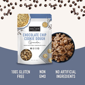 Close-up of Safe + Fair granola with chocolate chips, highlighting vegan crunch texture.