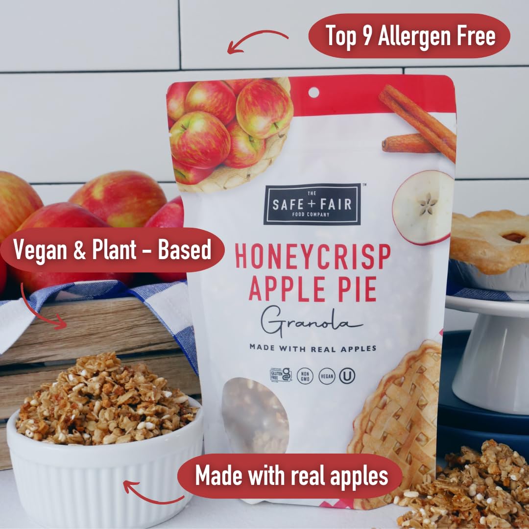 Safe + Fair Honeycrisp Apple Pie Granola close-up shows real Honeycrisp apples.