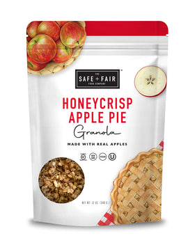 Safe and Fair Honeycrisp Apple Pie Granola bag showing gluten-free and vegan snack