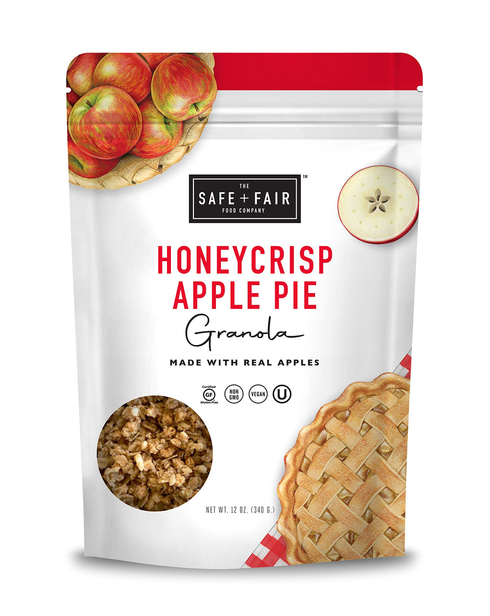 Safe and Fair Honeycrisp Apple Pie Granola bag showing gluten-free and vegan snack