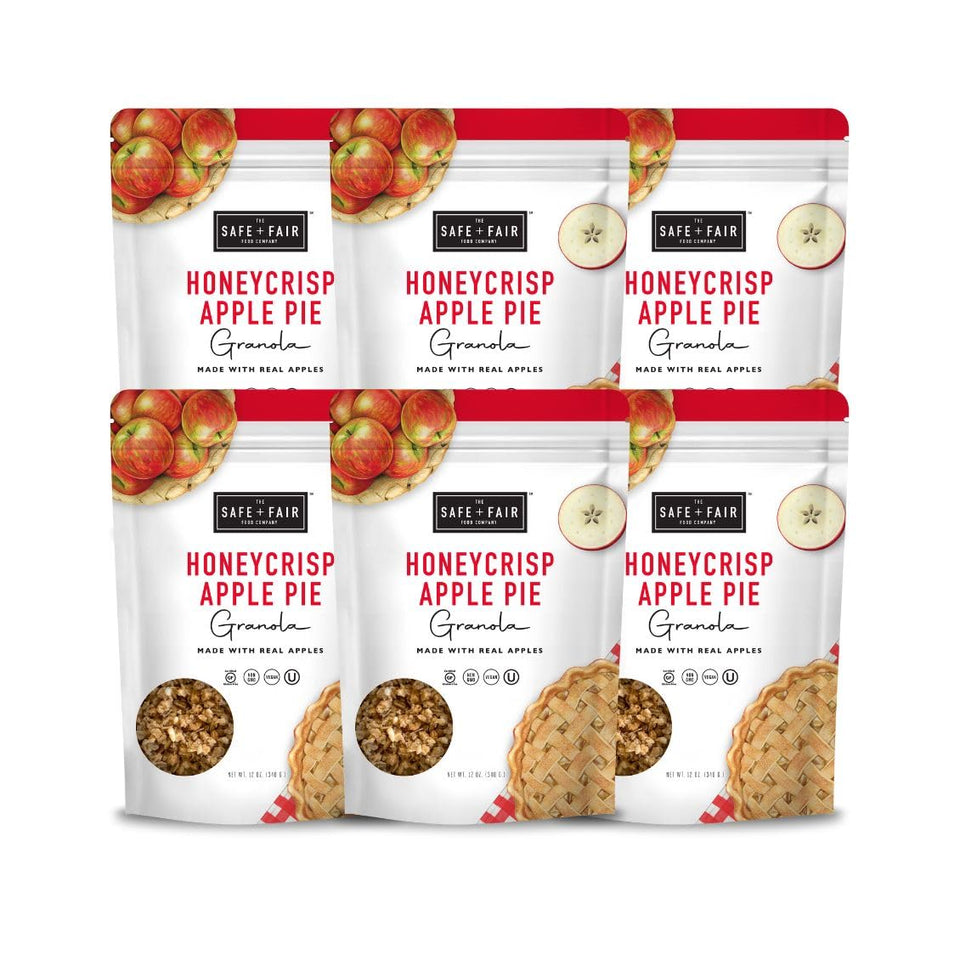 Safe + Fair Honeycrisp Apple Pie Granola bag for gluten-free, on-the-go snacking.