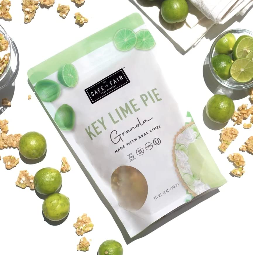 The Safe + Fair Key Lime Pie Granola ingredients emphasize non-GMO and allergen-free composition.