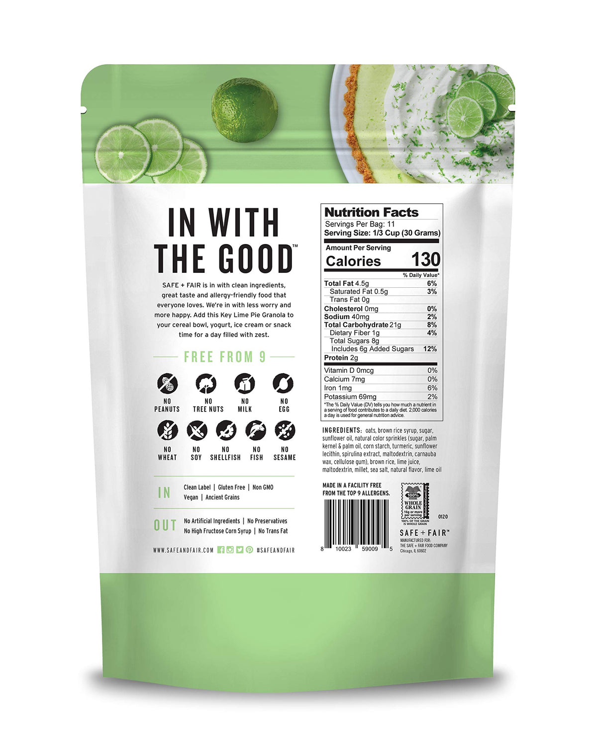 Ingredients on Safe + Fair Key Lime Pie Granola showing non-GMO and kosher certification.