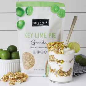 The Safe + Fair Key Lime Pie Granola on-the-go pack fits busy mornings and travel.