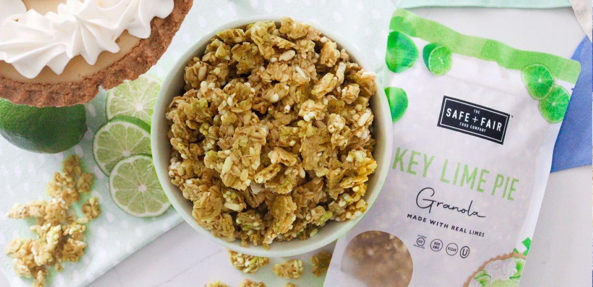 On-the-go Safe + Fair Key Lime Pie Granola for a quick snack.