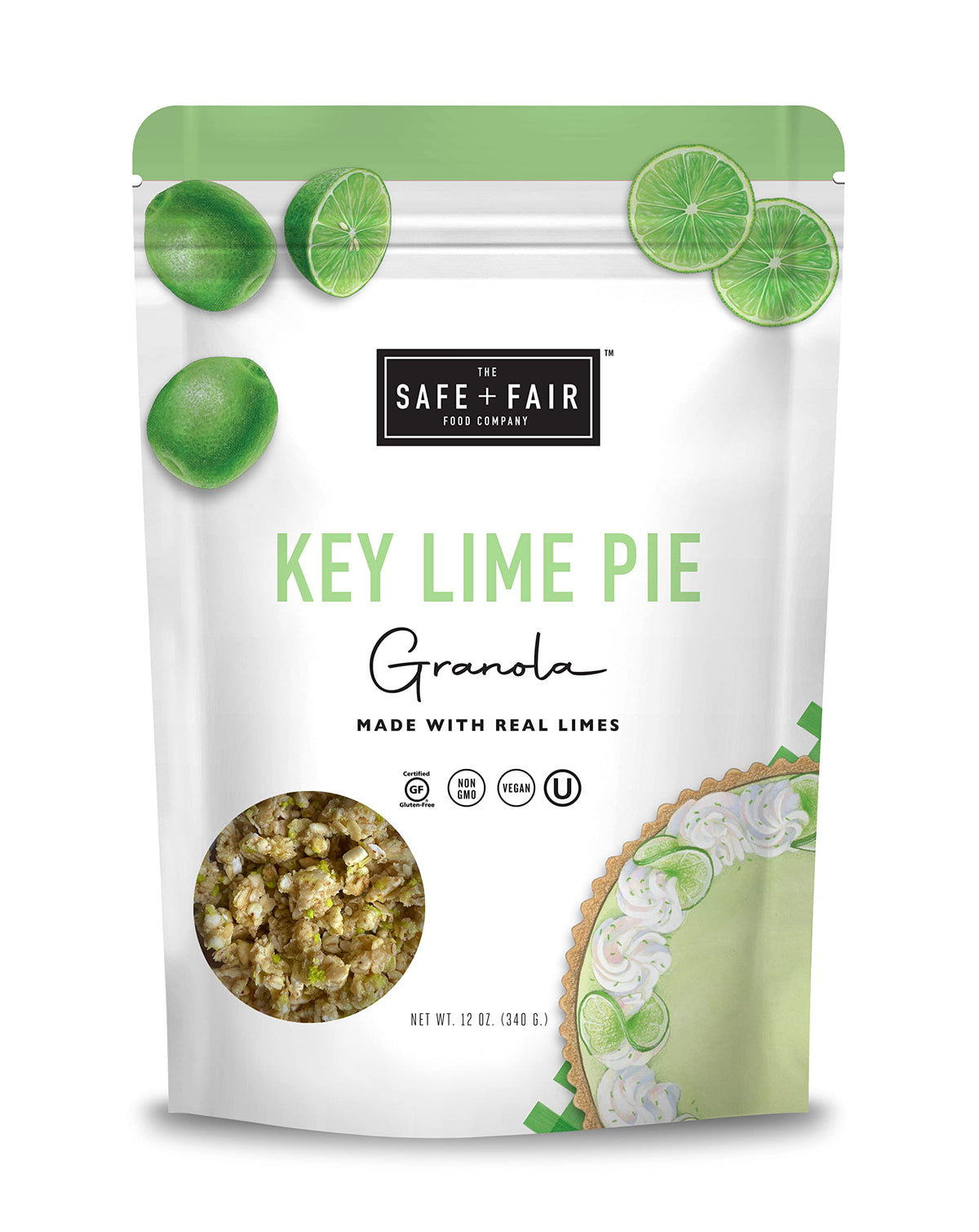 The Safe + Fair Key Lime Pie Granola packaging highlights gluten-free snacking.