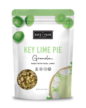 The Safe + Fair Key Lime Pie Granola packaging highlights gluten-free snacking.