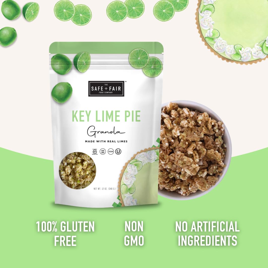 The Safe + Fair Key Lime Pie Granola bowl reveals crunchy texture and citrus notes.