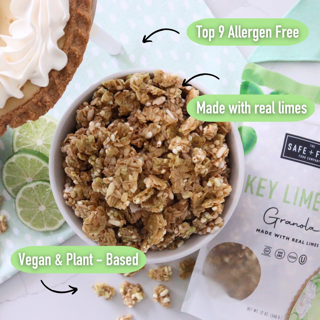 The Safe + Fair Key Lime Pie Granola texture close-up shows crunchy oats and lime zest for a satisfying snack.