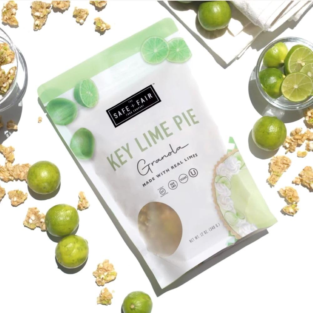 Safe + Fair Key Lime Pie Granola served with yogurt for a tangy parfait.