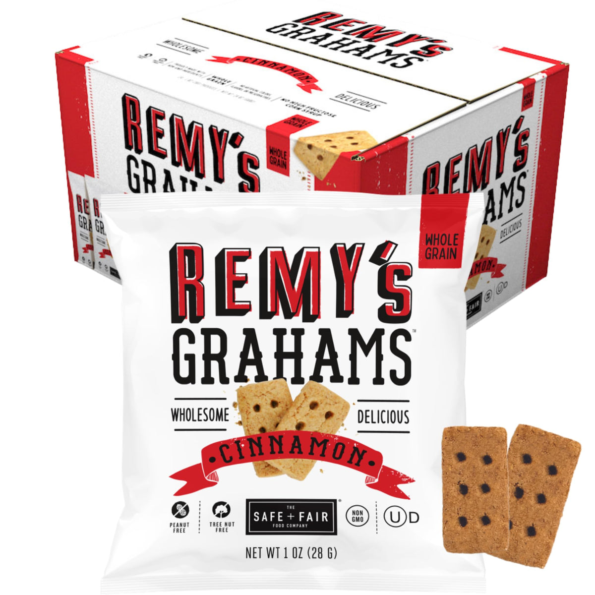 Safe + Fair Remy’s Cinnamon Grahams 24ct packaging showing a convenient nut-free snack option