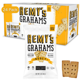 Safe and Fair Remy’s Honey Grahams packaging signals wholesome kid-friendly snack.