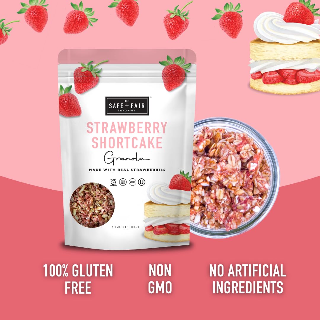 Safe and Fair granola bowl with real strawberries for breakfast.
