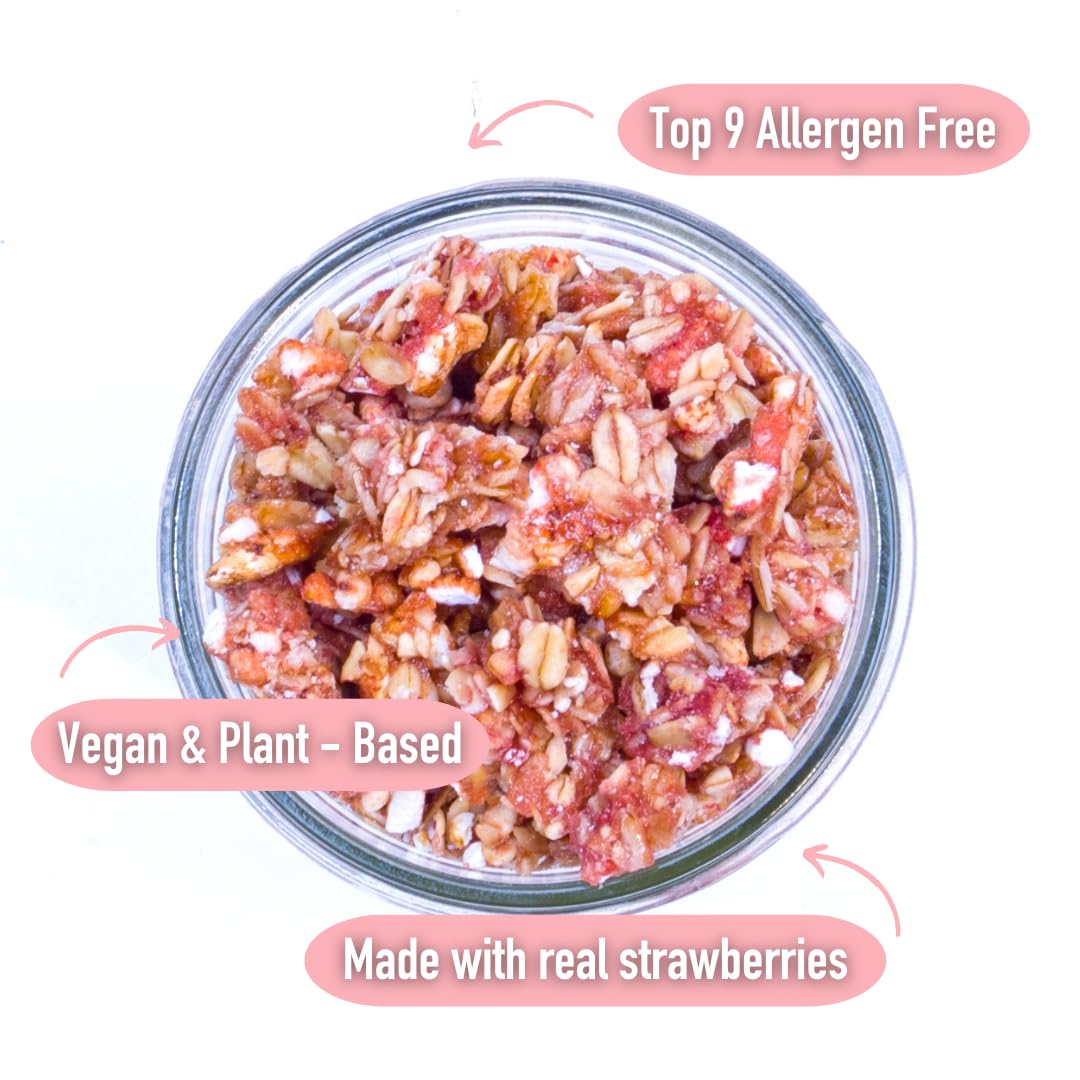 Close-up of ingredients shows real strawberries and ancient grains in Safe and Fair granola.