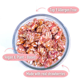 Close-up of ingredients shows real strawberries and ancient grains in Safe and Fair granola.