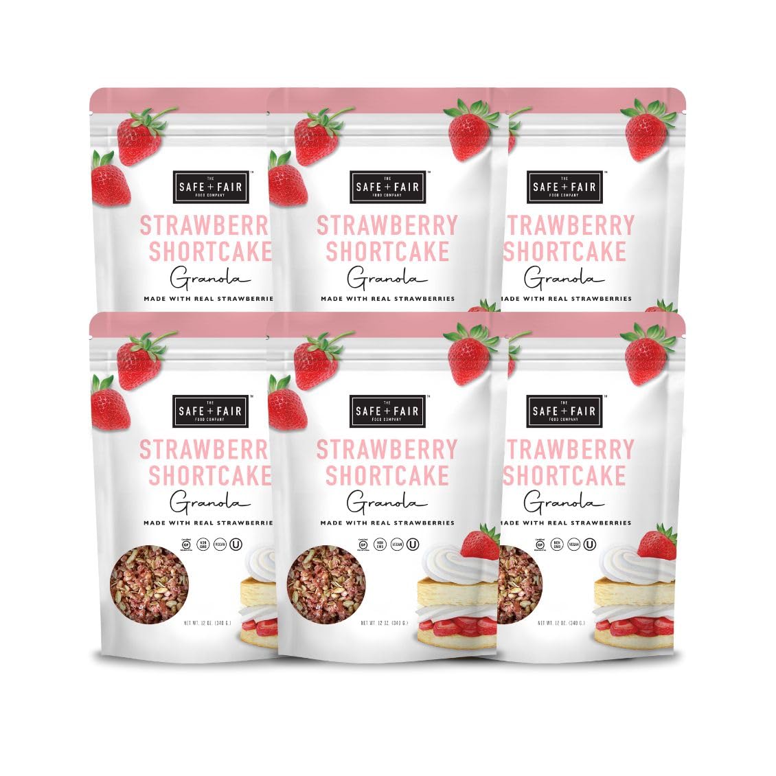 Safe and Fair Strawberry Shortcake Granola packaging highlights allergen-safe facility.